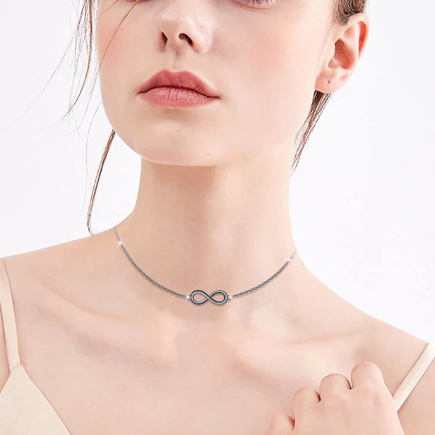 DAOCHONG S925 Sterling Silver Black Infinity Choker Short Dainty Necklace Pendant for Women Jewelry Gift