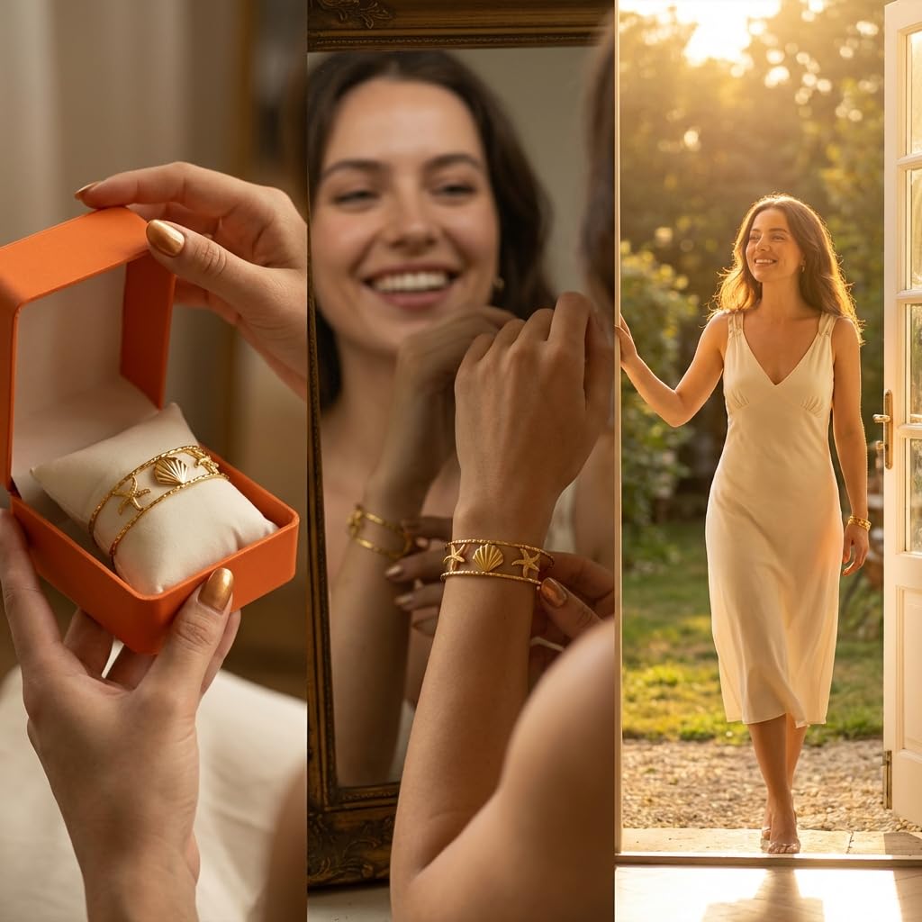 MystiGlimmer Starfish Bracelet with Luxury Gift Box 18K Gold Plated Stainless Steel, Adjustable Open Cuff, Waterproof & Hypoallergenic Jewelry Gift for Women (Seashell-Starfish3)