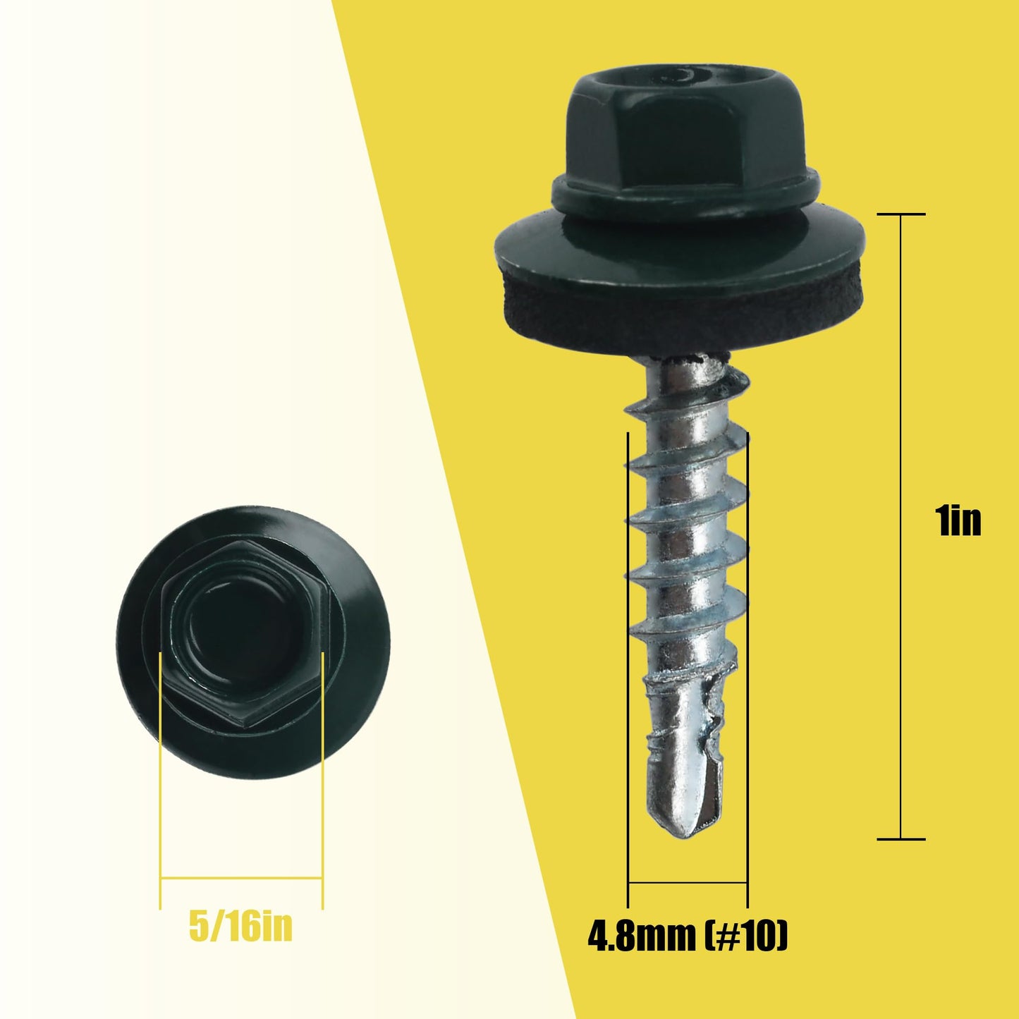JEGONFRI 300pcs #10 x 1 Green Hex Head Self-Drilling Metal Roofing Screws, EPDM Washer, Colored Head, Wood Screws, Sheet Metal Roof Screw with Hex Driver Bit