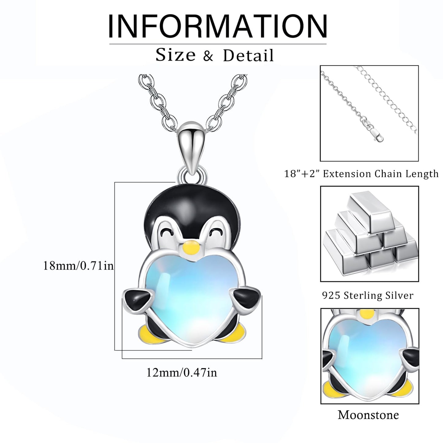 Dreamboat Penguin Pendant Necklace for Women 925 Sterling Silver Moonstone Animal Jewelry Christmas Birthday Gifts for Penguins Lovers