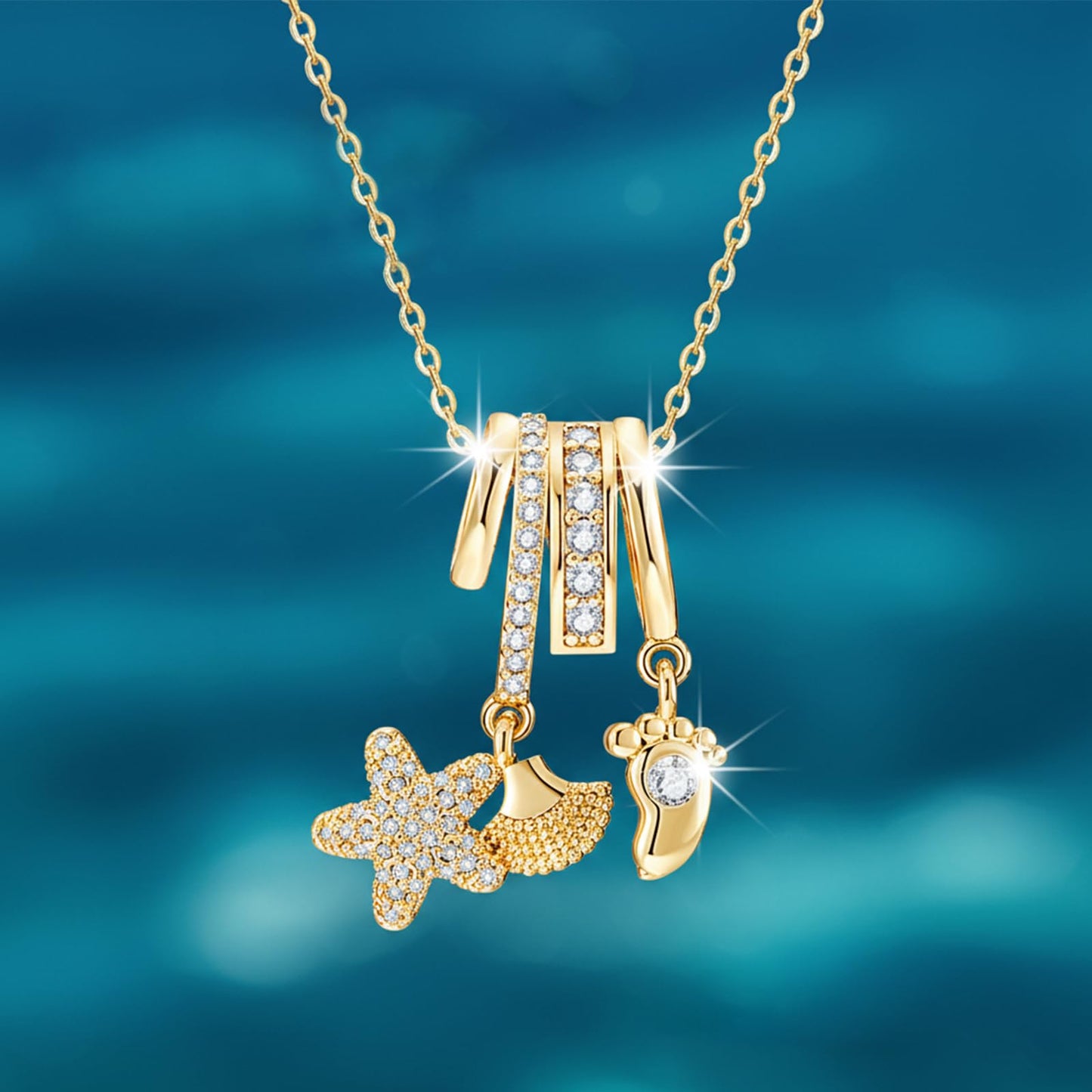 crataly Seashell And Starfish Necklace For Women-Gold Plated CZ Multi-Pendant Ocean Jewelry For Women Valentines Day Mother's Day Christmas Birthday Gifts