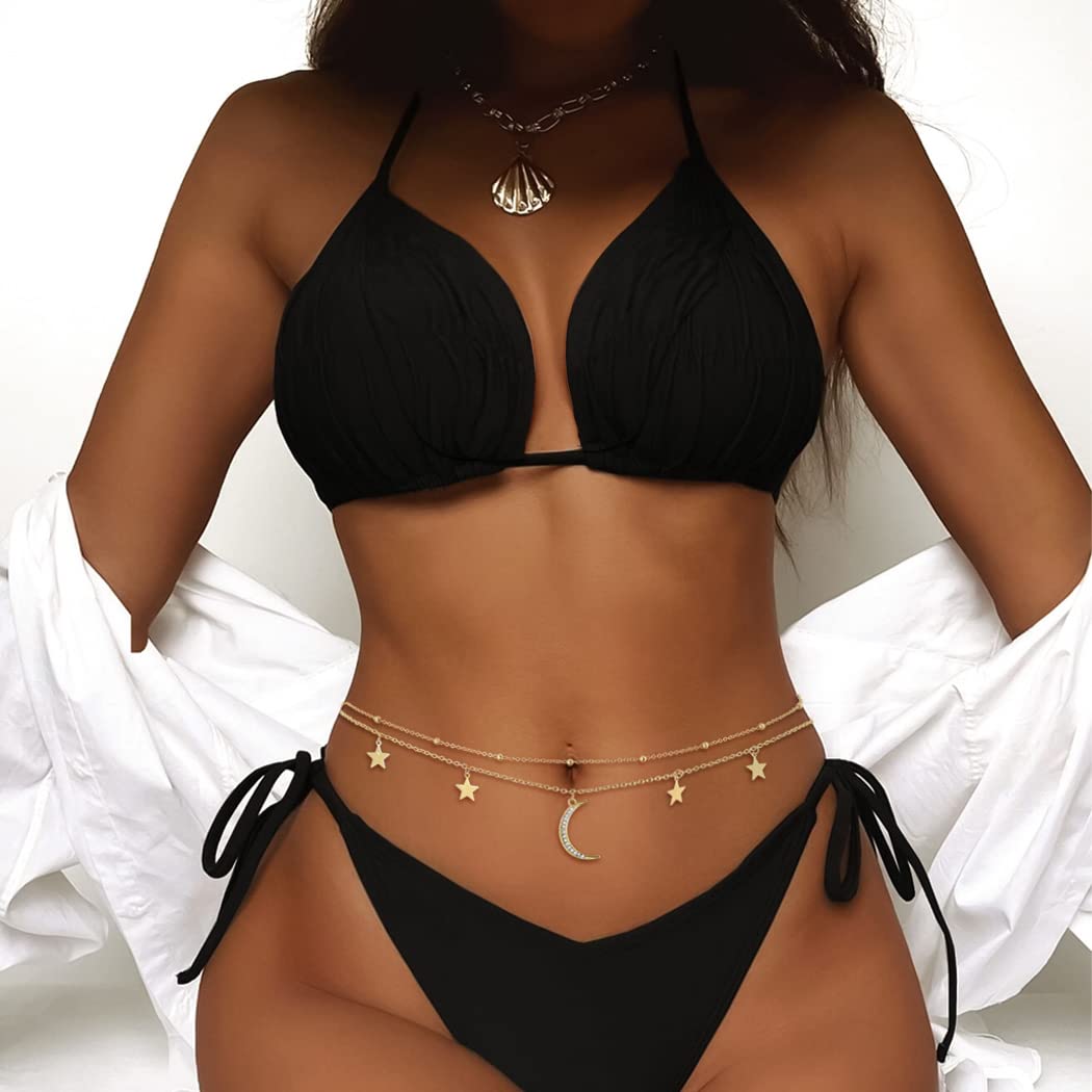 Wriidy Layered Moon Star Waist Chain Beads Silver Belly Chain Body Chains Jewelry Accessories for Women