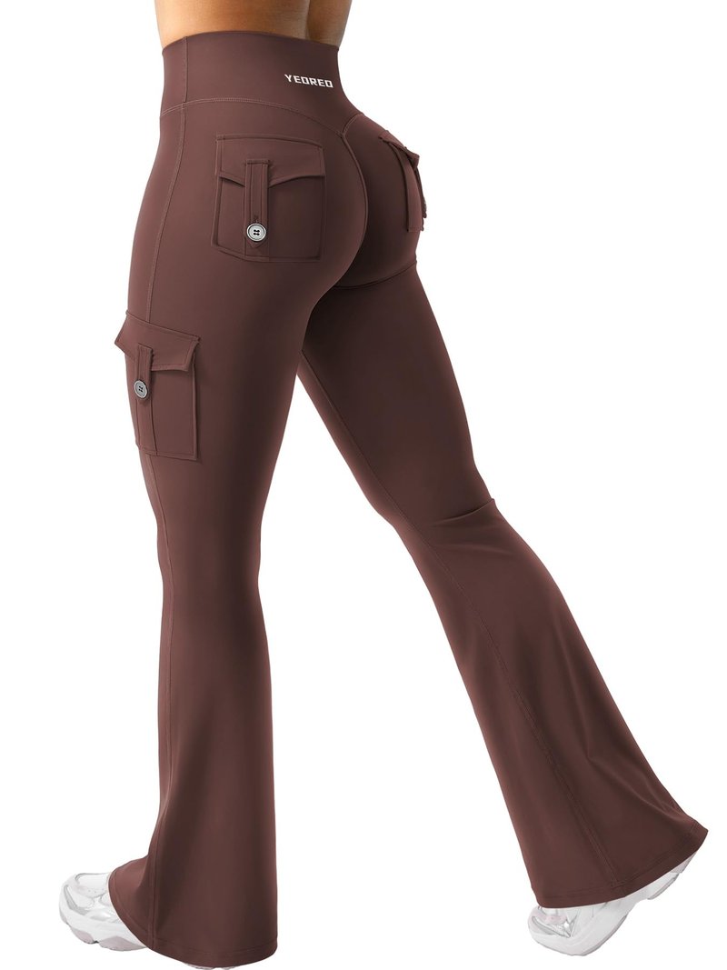YEOREO CoreFlex Women Workout Flare Leggings with Pockets Hidden Scrunch Cargo Gym Yoga No Front Seam Leggings Chocolate S