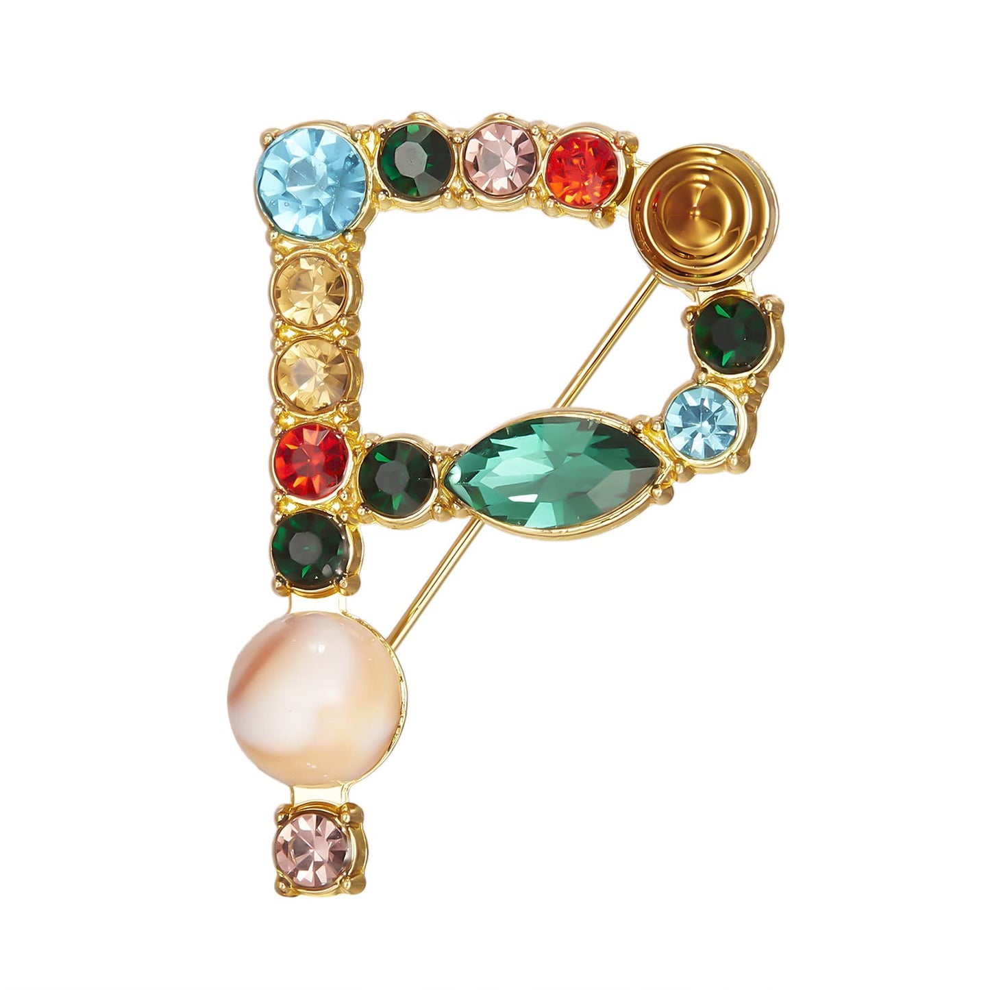 RINHOO Crystal Pearl Initial Brooch Gold Plated Enamel Colorful Letter Alphabet Breastpin Pin Jewelry for GIFTS (Gold P)