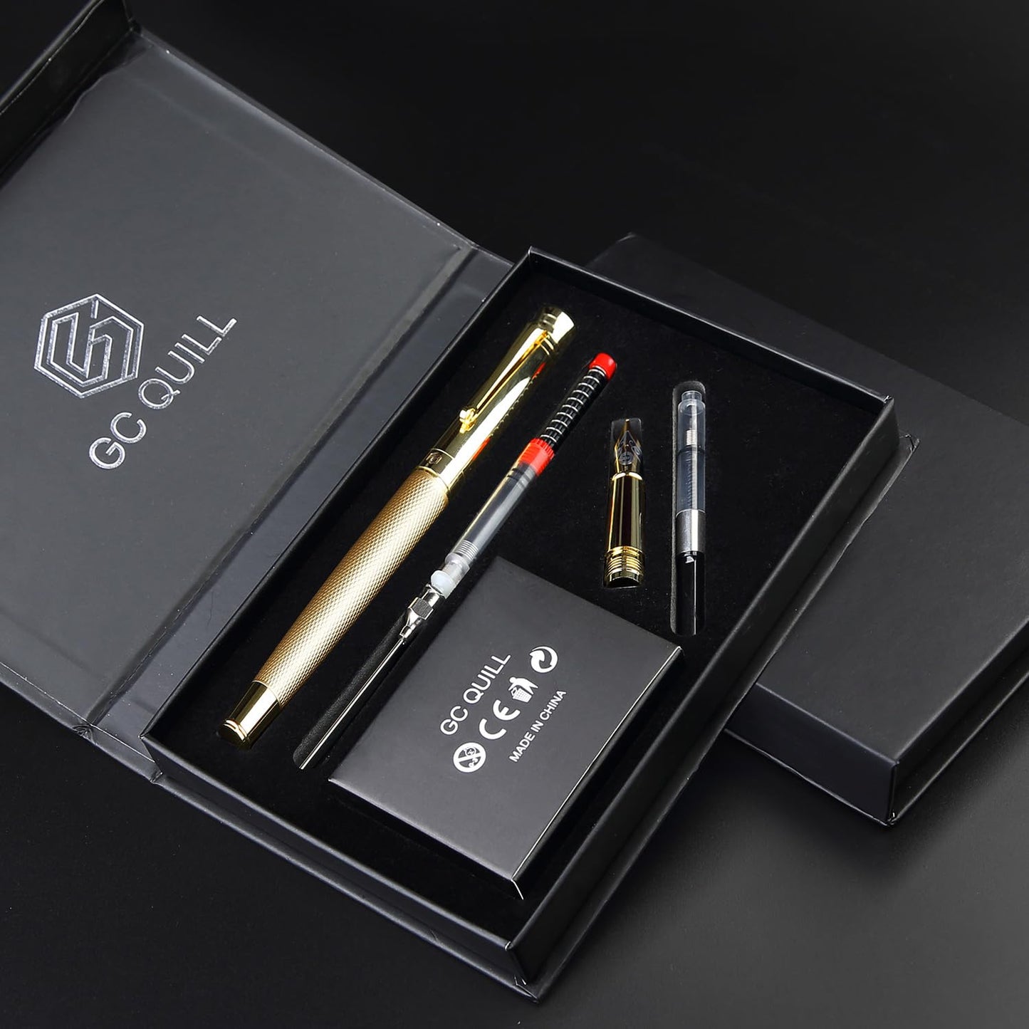 GC QUILL Fancy Fountain Pen Set – Fine and Medium Nibs, 18 Ink Cartridges, Ink Converter, Syringe Filler, Luxury Pen Gift for Men Women, Nice Pen for Writing Journaling (Gold)