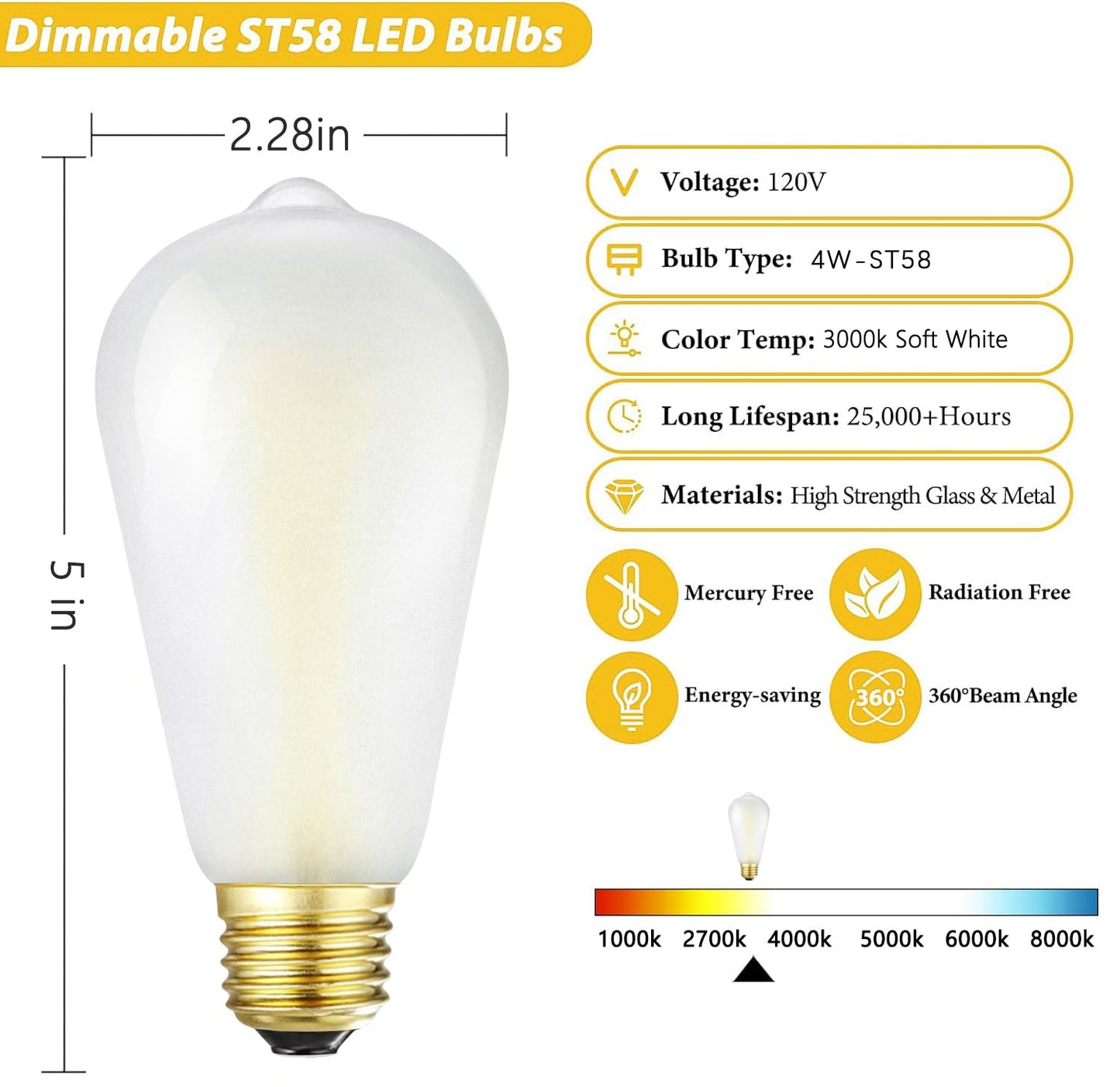 HOMOSUM E26 Frosted LED Edison Bulbs, 4W, Equivalent 40W, Soft White 3000K,400LM,AC120V,Dimmable ST58 Frosted Vintage Bulbs with 90+ CRI, Pack of 6 (4W=40W Soft White)