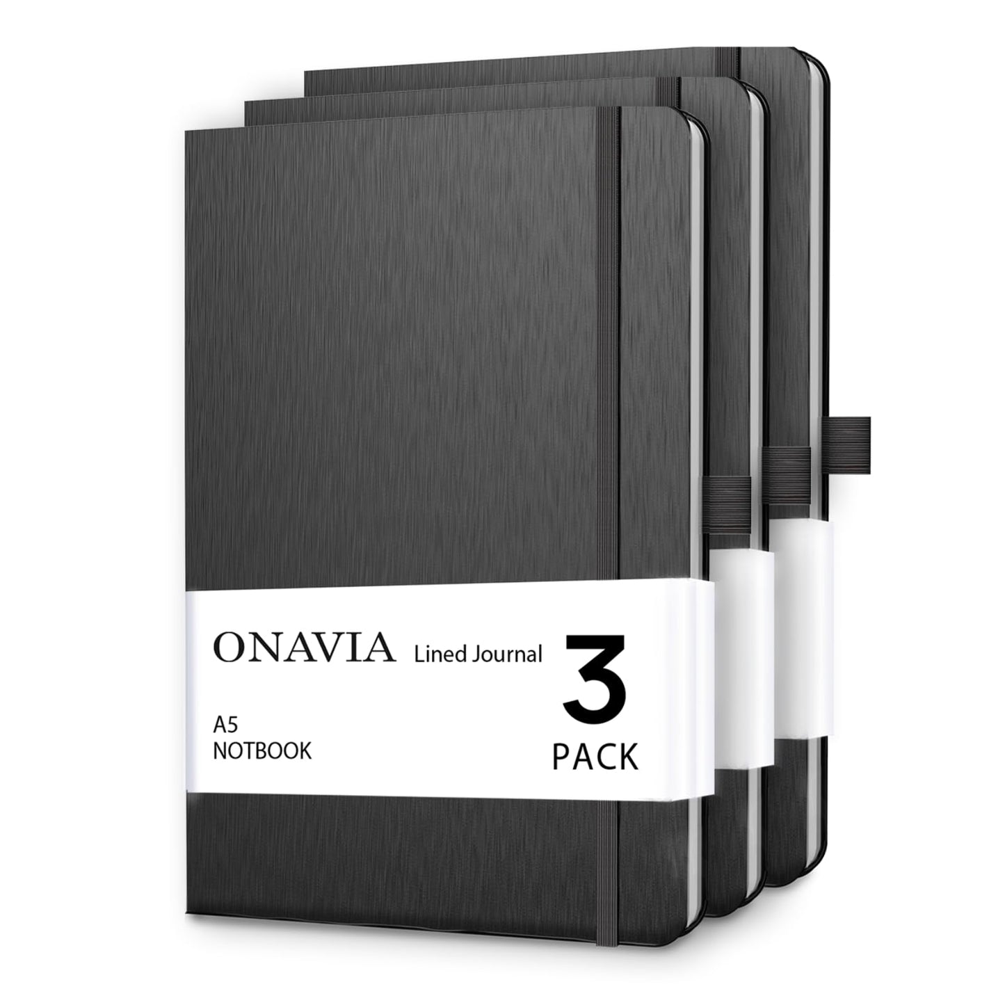 ONAVIA A5 College Ruled Notebook 3 Pack, Hardcover Lined Journals for School Notes, Study, Homework, Class Writing and Journaling, 160 Pages (80 Sheets), 5.8 x 8.3 in, Black