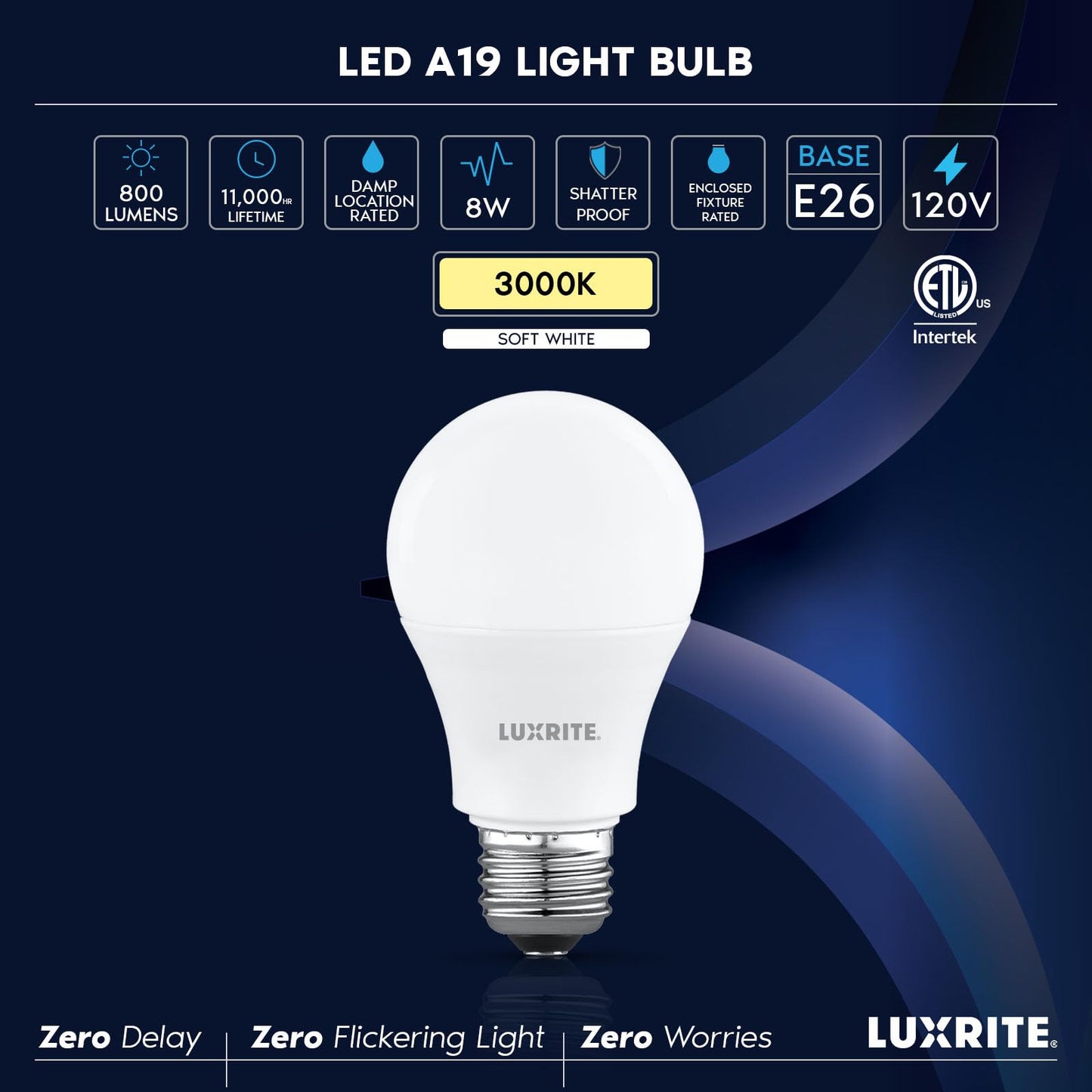 LUXRITE A19 LED Light Bulb 60 Watt Equivalent, Non Dimmable, CRI80, 3000K Soft White, 800LM, Standard LED Light Bulbs 8W, E26 Base, Enclosed Fixture Rated, Damp Rated, ETL Listed (8 Pack)