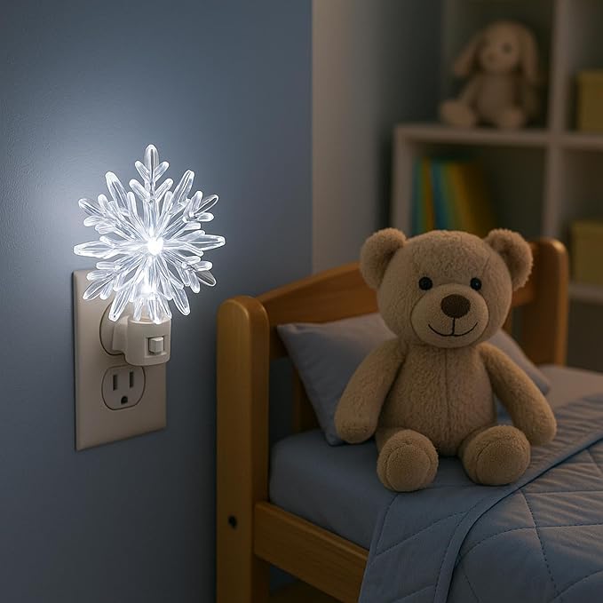 Novelty Lights LED Lamp Snowflake Pure White Christmas Decoration Night Light with Swivel Plug