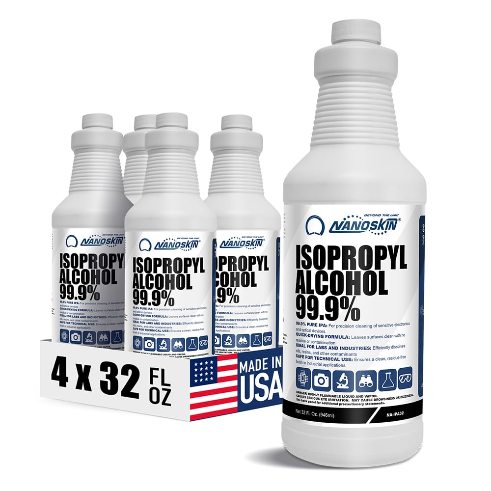 Nanoskin 99.9% Isopropyl Alcohol (IPA) 1 Gallon (32 fl oz x 4) – High-Purity Industrial/Lab Solvent for Electronics & PCB Surface Prep, Fast Evaporating, Residue-Free