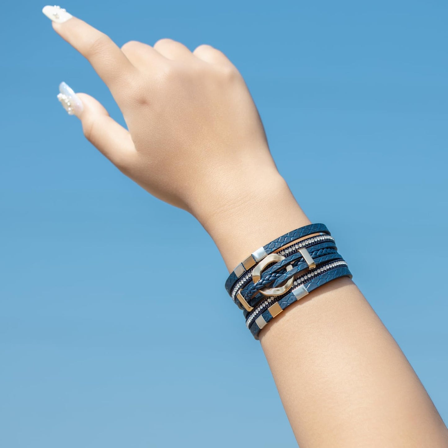 FANCY SHINY Boho Leather Wrap Bracelets Circle Square Bead Braided Handmade Stackable Bracelet Trendy Cuff Bangle for Women(Blue)