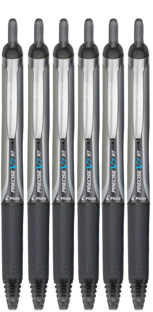 Advantage Gifts Precise V7 RT Retractable Rolling Ball Pens, Fine Point (.7mm), Black Ink, 6-pk; Premium Comfort Grip, Bundle with Plastic Reusable Pouch