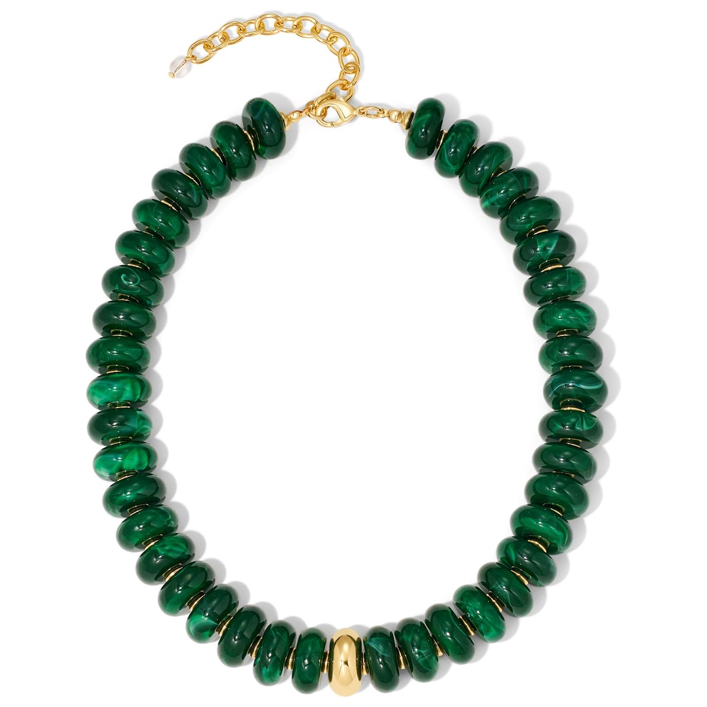 FAUTHENTICUTE Emerald Green Beaded Statement Necklace for Women Dark Green Acrylic Resin Bead Strand Necklace With Gold Accent Trendy Beach Choker Perfect Summer Jewelry Mothers Day Gifts