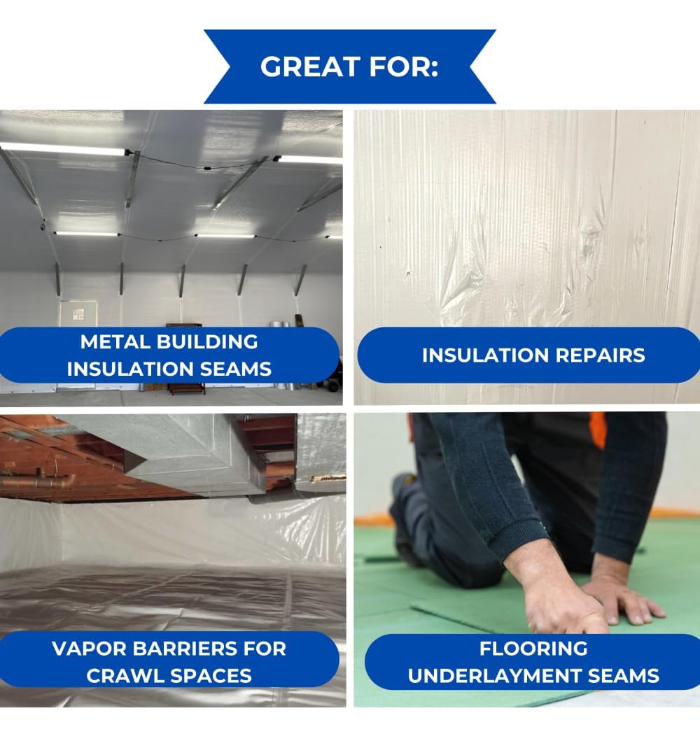 BlueTex Insulationㅤ3 Wide x 180' Long White Vapor Barrier Seam Tape - 4 Rolls Bulk Pack, Great for Crawlspaces, Waterproofing, Insulation Repairs, Underlayment Seams, Metal Building Insulation Seams