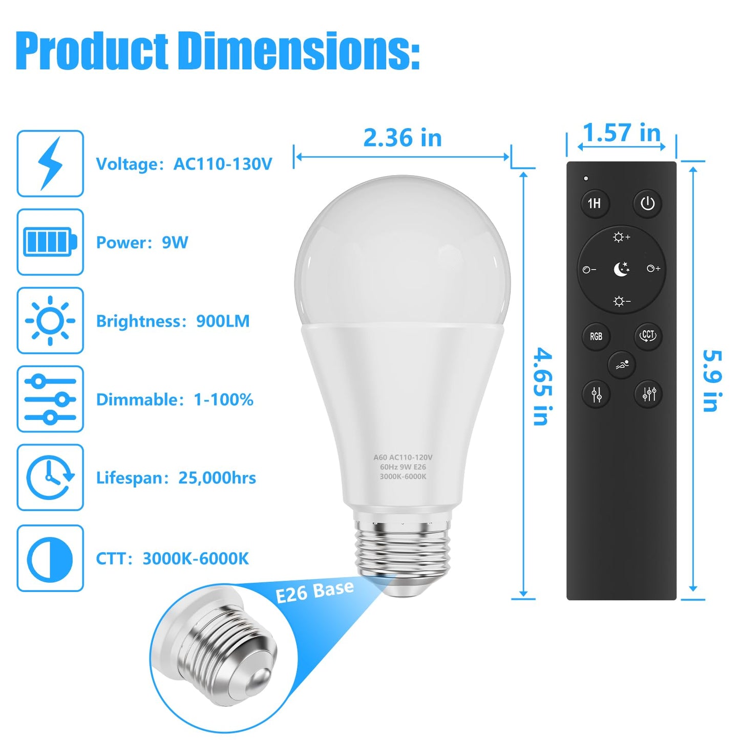 MXhme A19 LED Light Bulbs with Remote Control, 800LM 9W (60W Equivalent) Bulbs,Stepless Dimmable 3000K-6000K,E26 Base,CRI 80+,2.4GHz,25000+ Hours Lifespan,Light Bulb for Home Decor,2Bulb & 1Remote