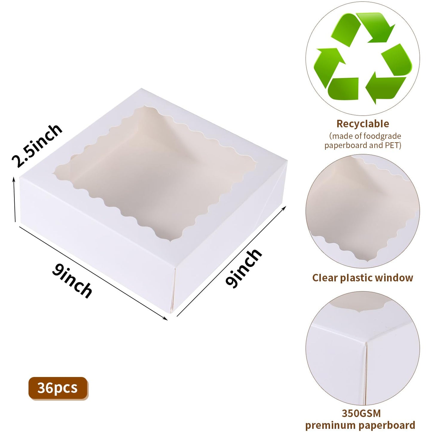PFAMKEER 36 pcs 9x9x2.5 Inches Cake Box with Window, Bakery Pastry Cookie Boxes, Mini Pie for Pastry,Dessert,Strawberries,Chocolates (White, 9x9x2.5inch/36pcs)