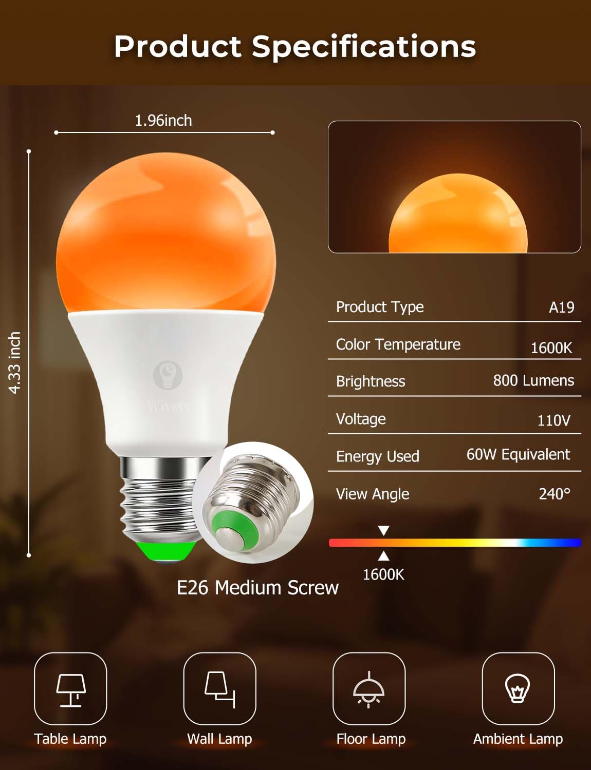 Wivety Amber Sleep Light Bulbs 1600K with Remote Control, E26 Blue Light Blocking A19, 9W for Sleep Therapy, Baby Nursery, Bedroom (4 Packs)