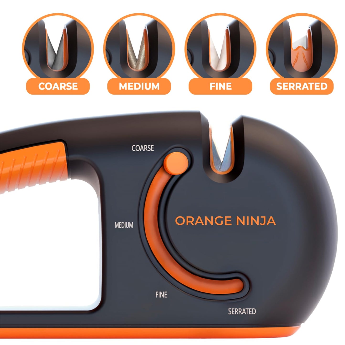 Orange Ninja 4-Stage Knife Sharpener & Serrated Knife Sharpener– Repairs, Sharpens & Polishes Blades with Ergonomic Non-Slip Grip