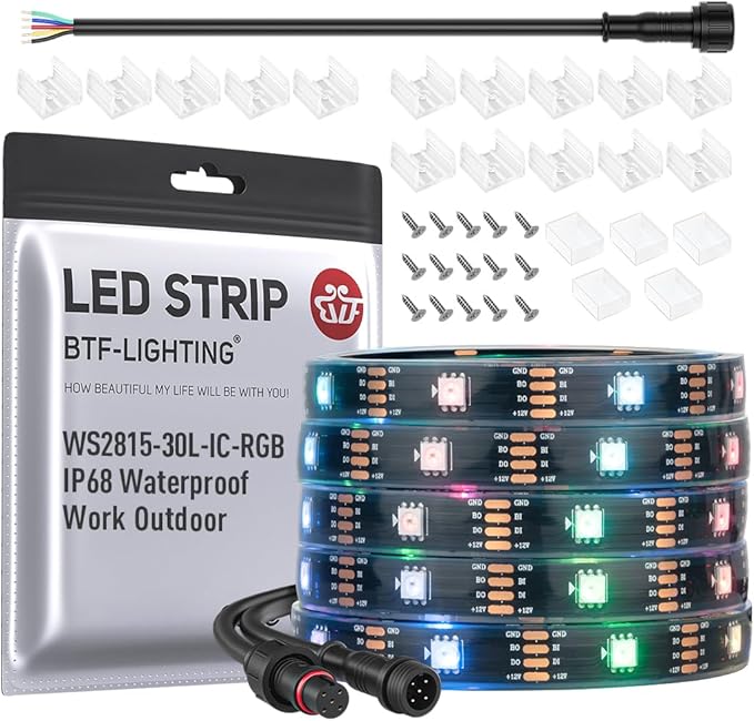 BTF-LIGHTING IP68 Waterproof Outdoor WS2815(Upgraded WS2812B) RGB LED Strip Individually Addressable 5050SMD Dual Signal DC12V 16.4ft 150Pixel Can Work Outdoor 12MM Width(No Adapter or Controller)