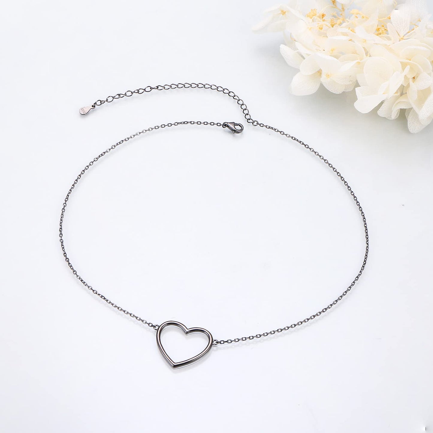 DAOCHONG S925 Sterling Silver Black Heart Choker Short Dainty Necklace Pendant for Women Jewelry Gift