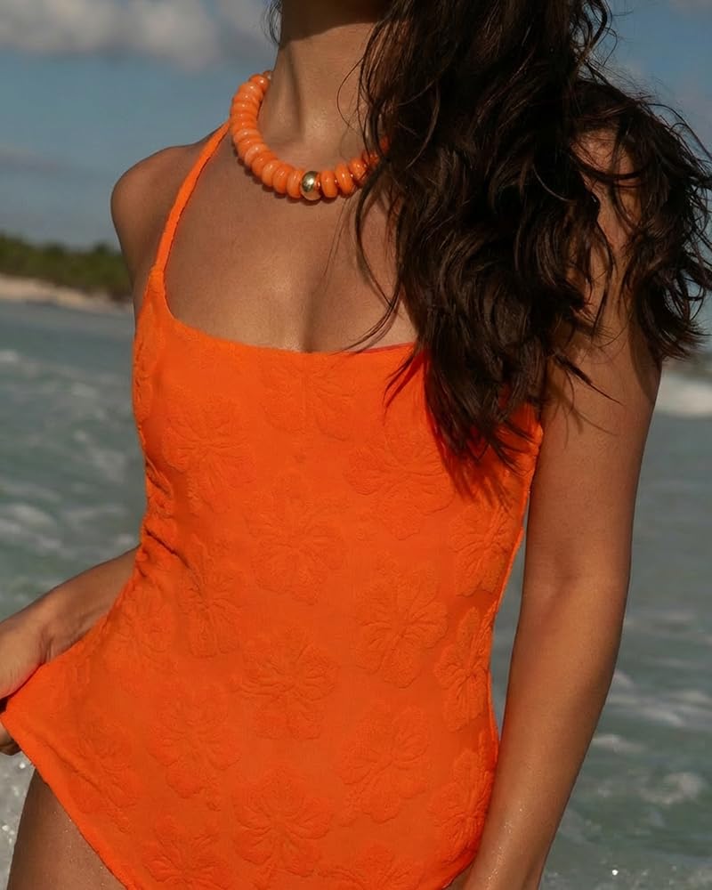 FAUTHENTICUTE Large Orange Bead Choker Necklace for Women Chunky Beaded Statement Necklace with Gold Accent Beach Jewelry Gift Trendy Boho Necklaces for Summer