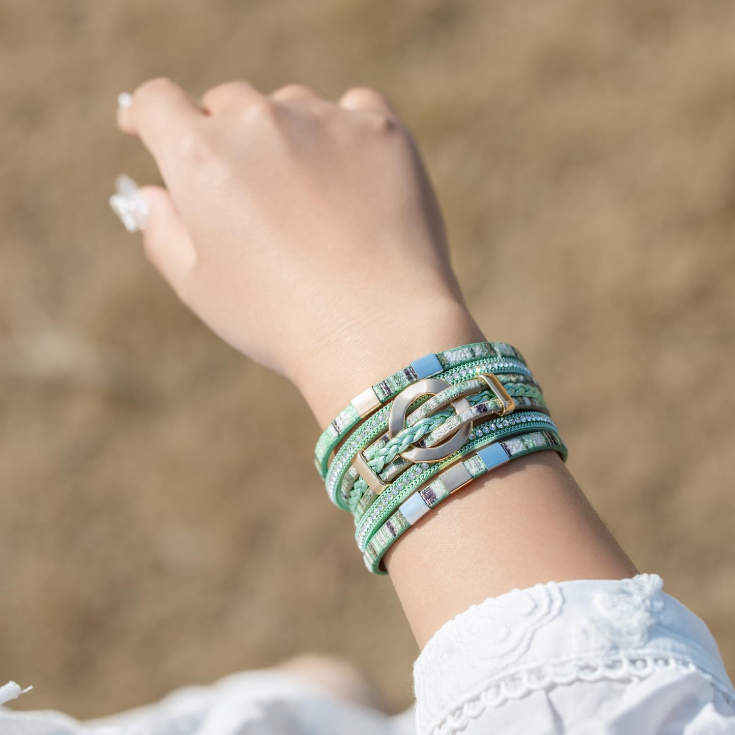 FANCY SHINY Boho Leather Wrap Bracelets Circle Square Bead Braided Handmade Stackable Bracelet Trendy Cuff Bangle for Women(Boho Green)