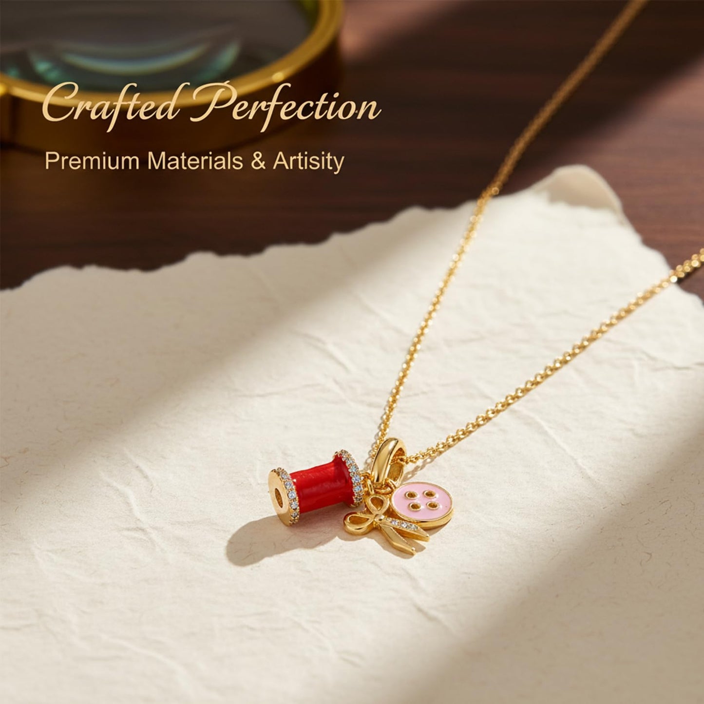 crataly Sewing Enamel Necklace For Women-Gold Plated Mini Wire Spool Button And Scissor Combination Necklace For Valentines Day Mother's Day Christmas Birthday Gifts