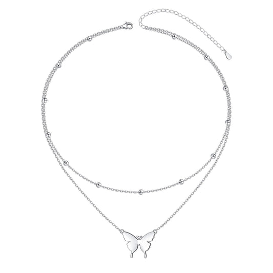 DAOCHONG S925 Sterling Silver Double Layer Butterfly Necklace for Women Beaded Choker Chain Dainty Layered Jewelry Gift for Her Jewelry