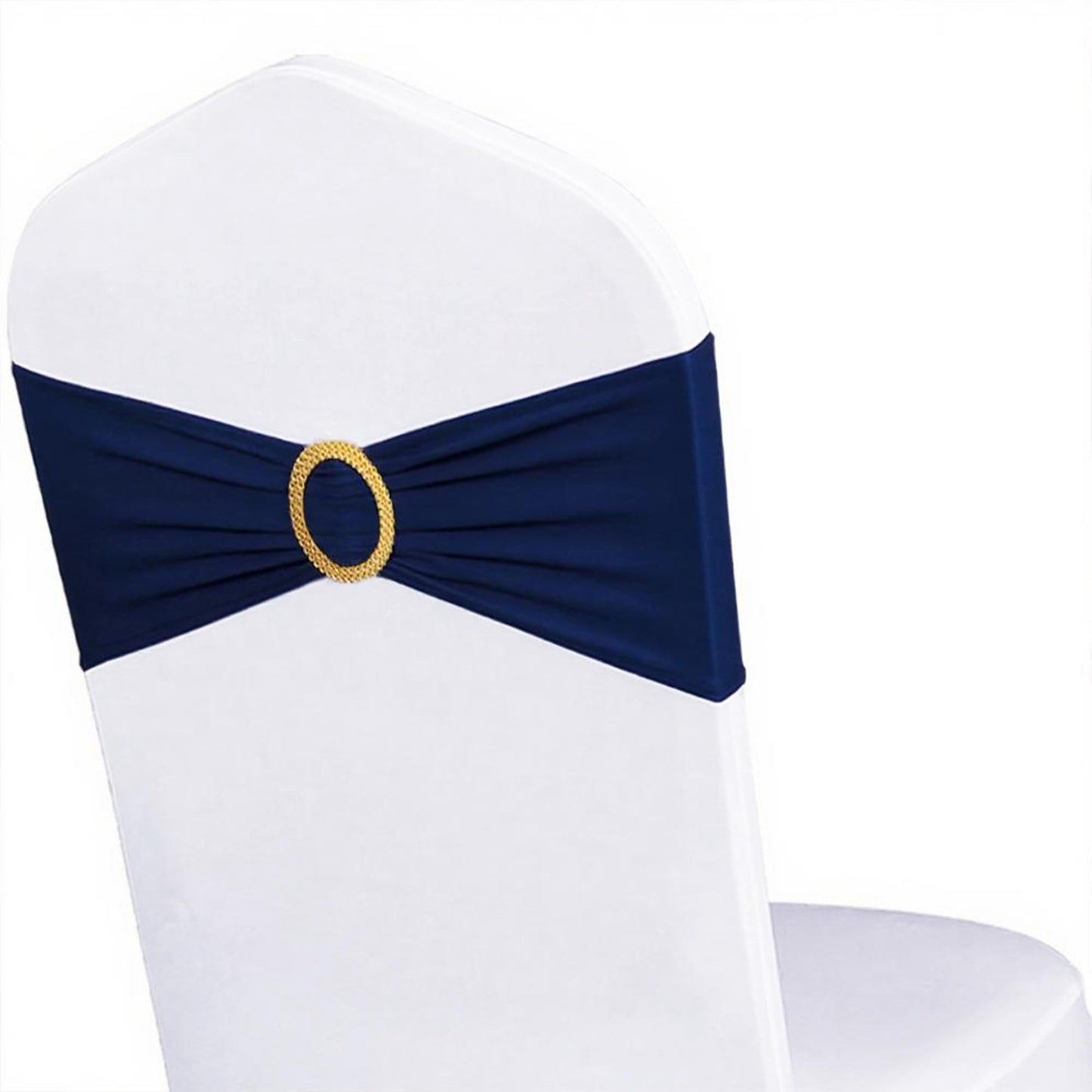Pack of 50 Spandex Navy Blue Chair Sashes with Gold Buckles, Stretch Chairs Sashes for Wedding Party Baby Shower Ceremony Event Decorations Chair Bands Bows (Navy Blue Sashes, Gold Buckles)