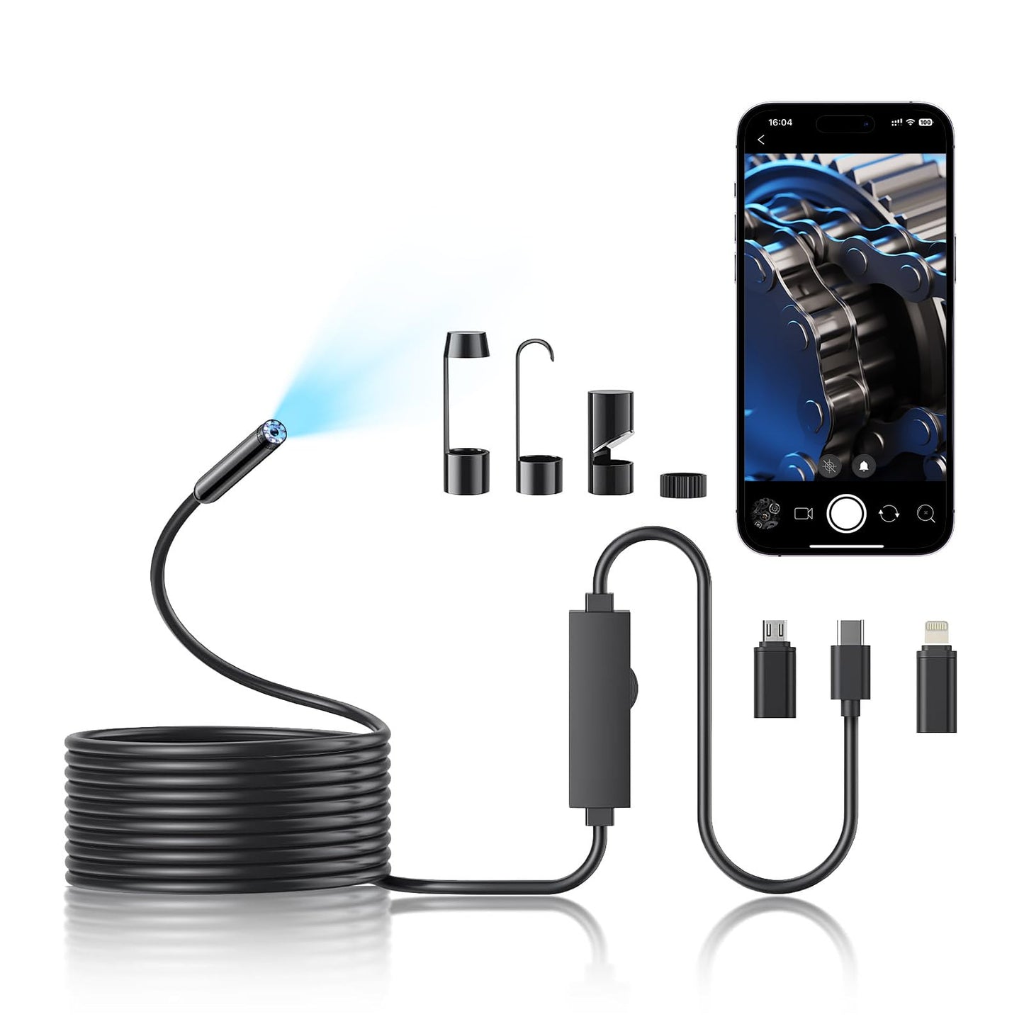Endoscope Camera with Light, 1920P HD Borescope Camera with 8 Adjustable LED, 16.4FT Semi-Rigid Snake, IP67 Waterproof 8mm Inspection for iOS and Android (Single-Lens)