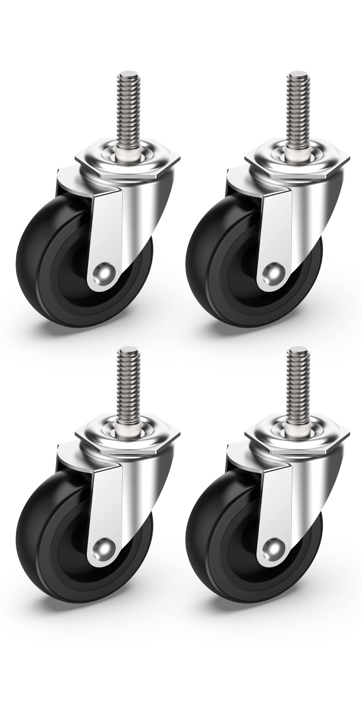 HOLKIE Caster Wheels 3 inch with No Brake Stem Casters, 3/8" -16 x 1-1/2" (Stem Diameter 3/8", Stem Length 1-1/2") Threaded Swivel Casters Set of 4 Heavy Duty Castors Black