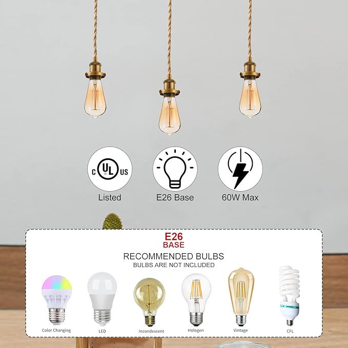 Industrial Mini Pendant Light Kit, E26 Socket Pendant Hanging Light, Hemp Rope Vintage Hanging Pendant Light Cord, Adjustable Pendant Lights Ceiling Mount Kitchen Island Farmhouse