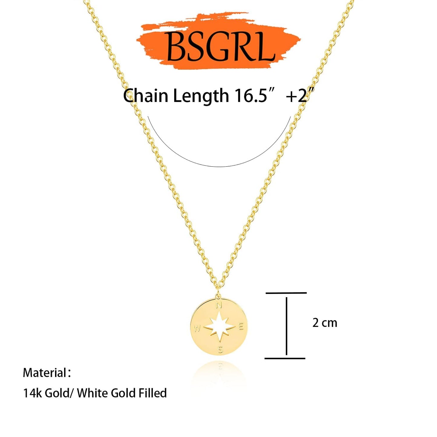 BSGRL Gold Necklace for Women-14K Gold Plated Compass Dainty Necklace 16.5”+2” ext