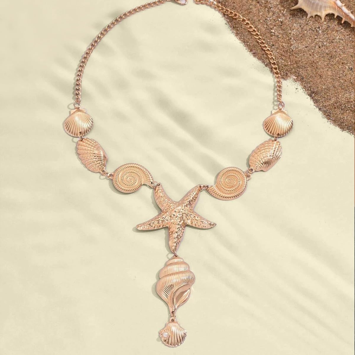 Ocean Necklace For Women, Big Seashell Beach Conch Y-Shaped Pendant Boho Summer Statement Beach Collar Holiday Jewelry Gift (Ocean Gold)