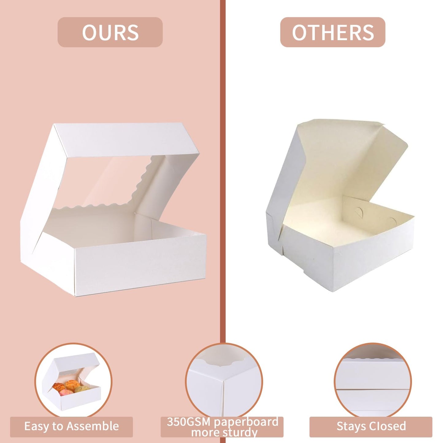 PFAMKEER 36 pcs 9x9x2.5 Inches Cake Box with Window, Bakery Pastry Cookie Boxes, Mini Pie for Pastry,Dessert,Strawberries,Chocolates (White, 9x9x2.5inch/36pcs)