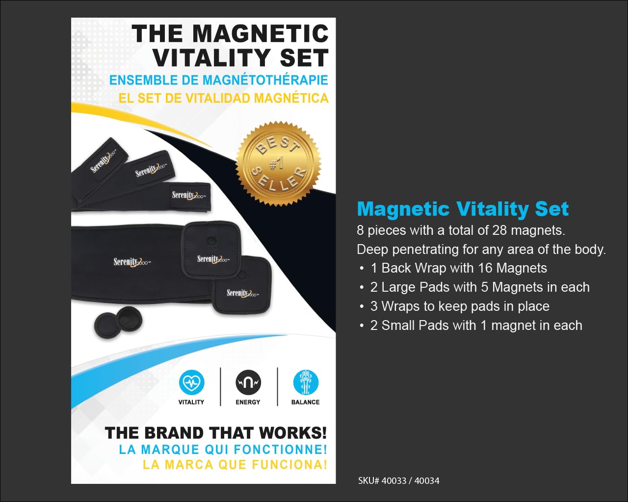 SERENITY2000 Full Body Magnetic Vitality Set for Pain Relief, Reduce Inflammation, Improve Circulation – Eight-Piece Set (Large/XL - waist up to 50")