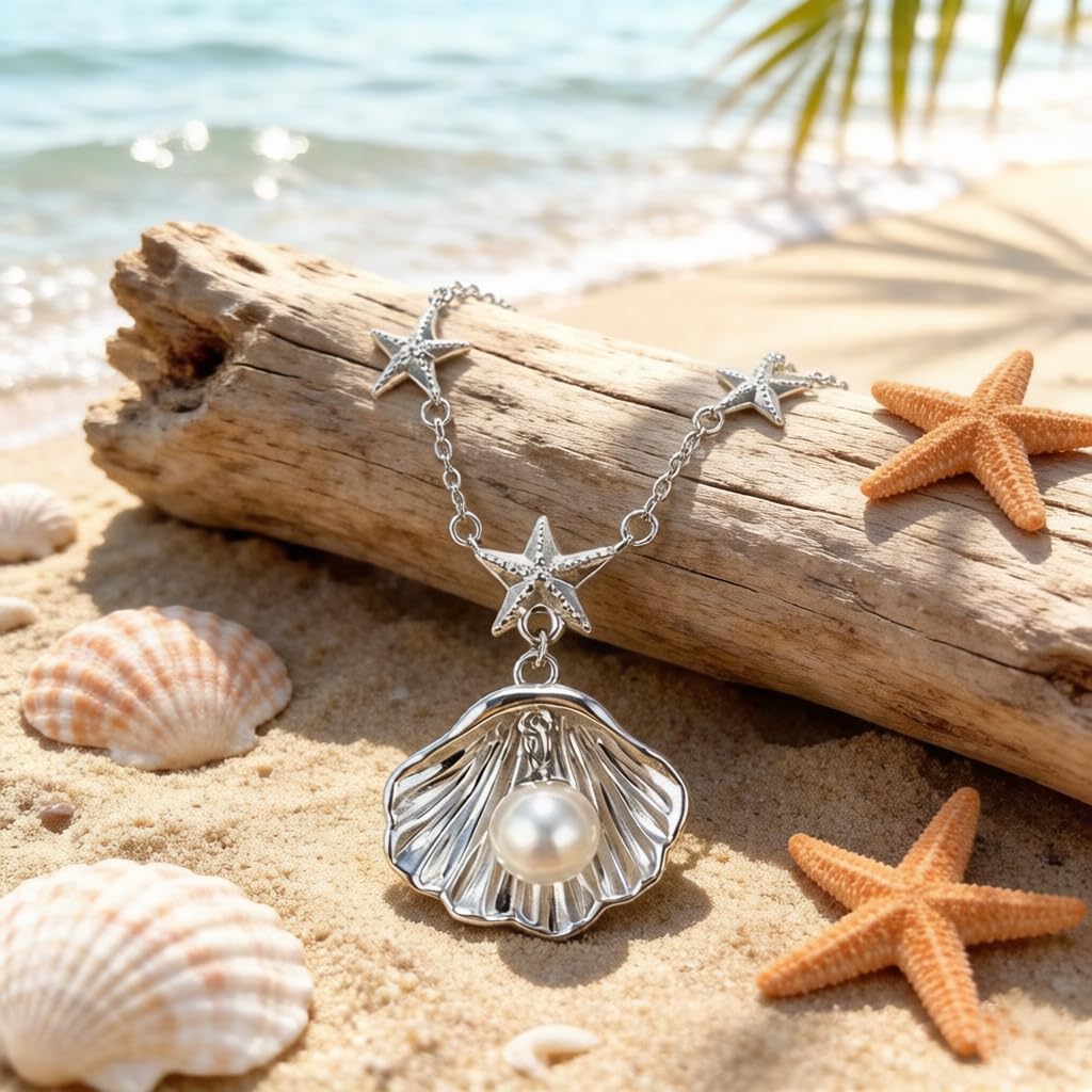 Shell Necklace for women, 925 Sterling Silver Pearl Necklace for Summer Beach Vacation, Shell Starfish Pendant for Birthday Anniversary Valentine's Day Ideal Gift (Pearl)