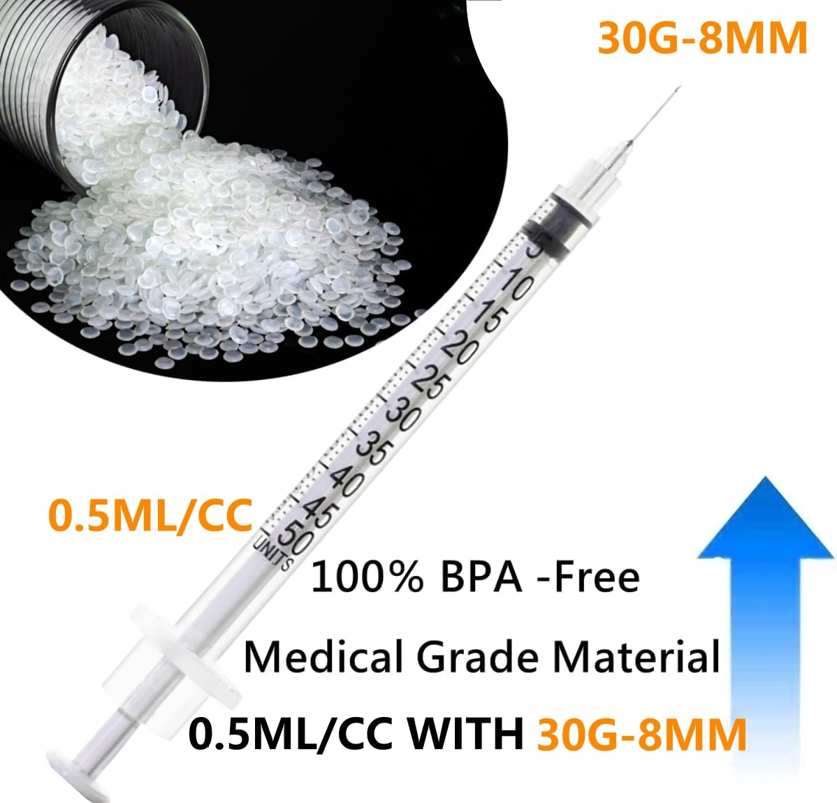 50 Pack 1/2ml Lab Syringes with 30G 5/16 inch(8mm) Needle Tool, Individual Sealed Package