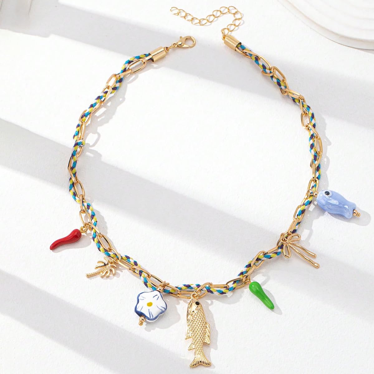 BlingNook Gold Charms Necklace For Women, Colorful Charm Beachy Fish Conch Seashell Heart Pepper Cool Ocean Layered Stackable Summer Holiday Jewelry (Red Pepper)