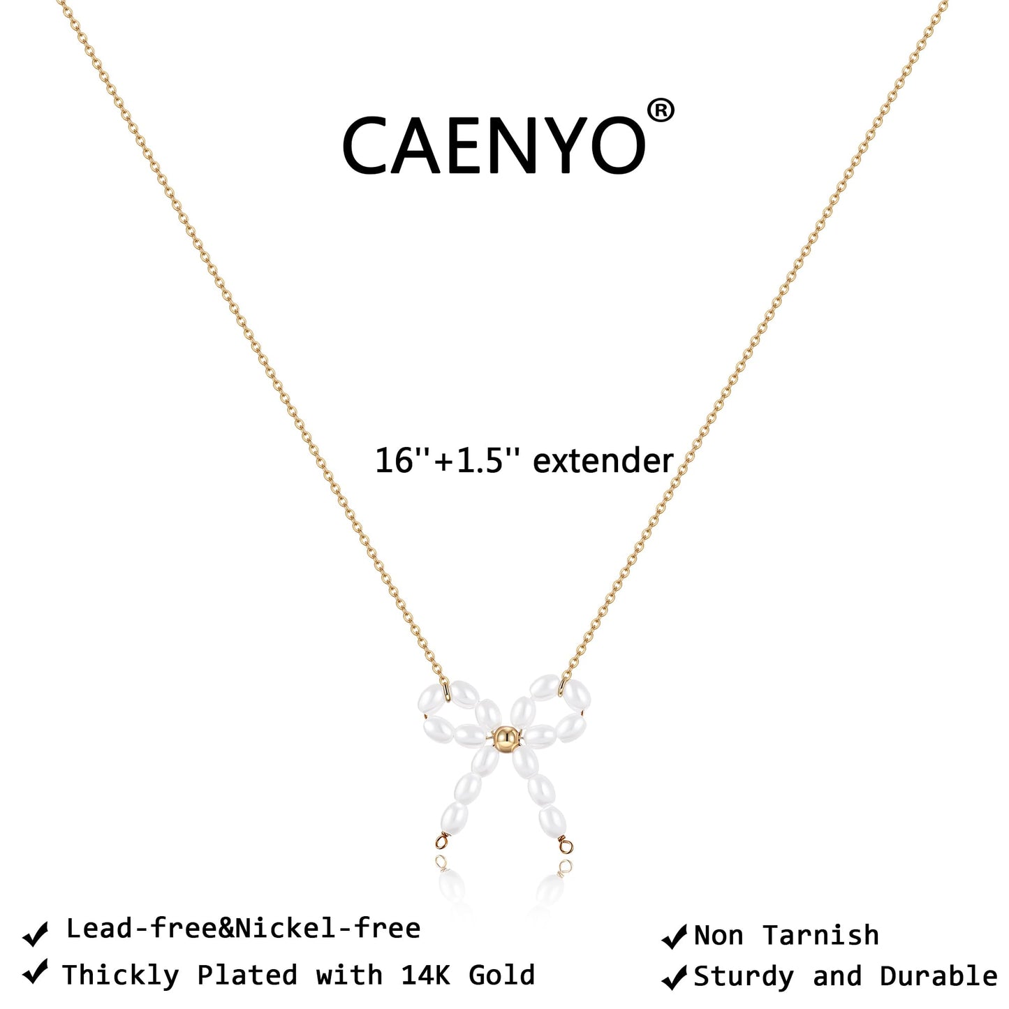 Caenyo Dainty Pearl Bow Pendant Necklace for Everyday Wear, 14K Gold Plated, Lightweight & Tarnish Resistant, Elegant Jewelry for Women