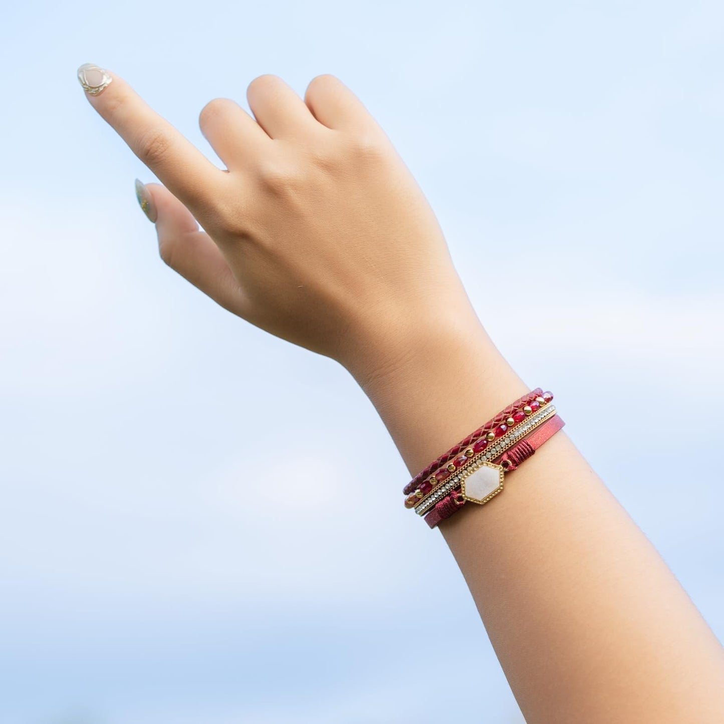 FANCY SHINY Crystal Beaded Leather Wrap Bracelet Stackable Boho Jewelry for Women Trendy Braided Resin Stone Bangle Cuff with Magnetic Clasp(Burgundy)