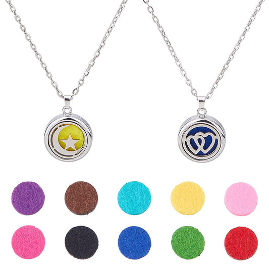 Hobbspring Necklace 2Pcs Aromatherapy Essential Oil Diffuser Necklace 2 Styles Stainless Steel Oil Pendant with Felt Pads Moon Star and Double Heart Aromatherapy Locket Necklaces Gift for Woman Men