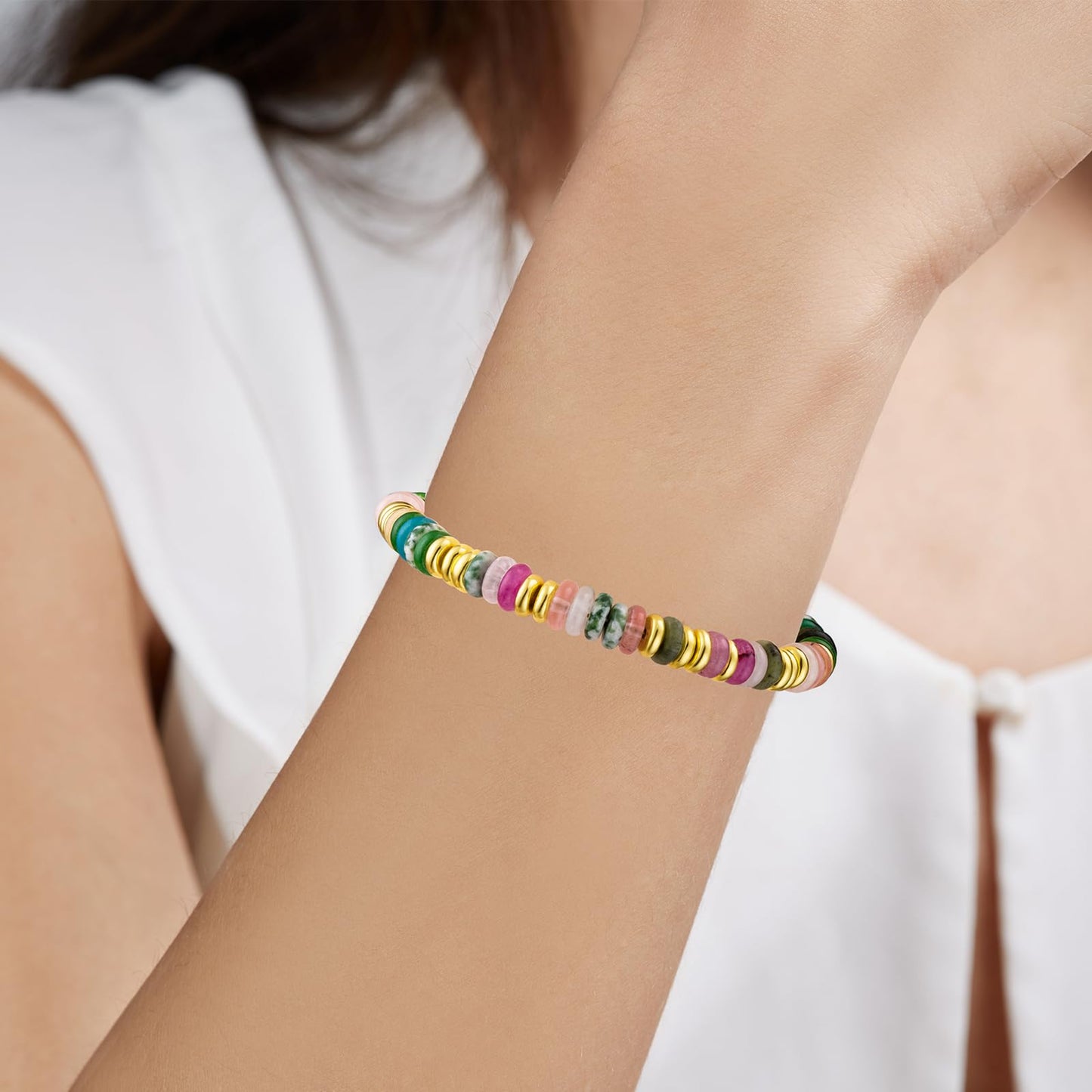 Boho Beaded Bracelets for Women, Colorful Summer Beach Bangle Bracelets, Natural Stone Rainbow Bead Bracelet, Handmade Trendy Fashion Jewelry Gifts (6MM)