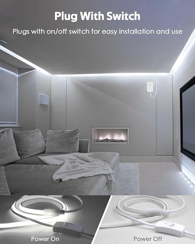 65.6FT COB LED Strip Light Waterproof One Roll 6000K Daylight White LED Rope Lights for Bedroom Plug in with Switch AC 110~120V 288Leds/M High Density LED Tape Lights Outdoor for Garden Decor