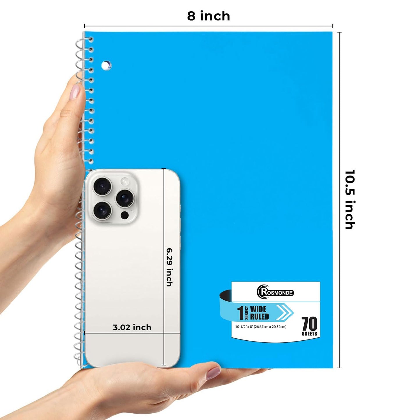 Rosmonde Spiral Notebooks, 24 Pack, 1 Subject Notebook, Wide Ruled, 70 Sheets, 8 x 10-1/2", 3 Hole Punched, School Supplies, Bulk Single Subject Spiral Notebook Bulk, Assorted Colors Pack of Notebooks