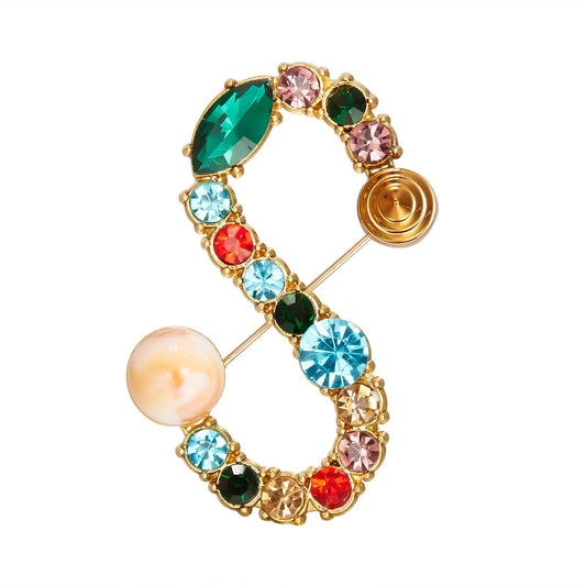 RINHOO Pearl Initial Brooch Pin Crystal A-Z 26 Alphabet Letters Brooch Colorful Enamel Breastpin Pin Jewelry for women Gifts (Gold-S)