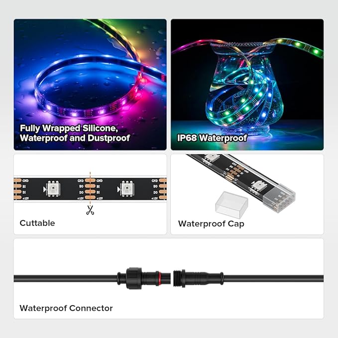 BTF-LIGHTING IP68 Waterproof Outdoor WS2815(Upgraded WS2812B) RGB LED Strip Individually Addressable 5050SMD Dual Signal DC12V 16.4ft 150Pixel Can Work Outdoor 12MM Width(No Adapter or Controller)