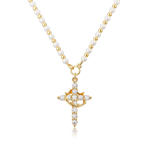 Robaice Cross Necklace for Women 14K Gold Plated Crown Cross Pendant Necklace Simple Gold Necklaces Faith Cross Jewelry First Communion Necklace, Pearl Necklace