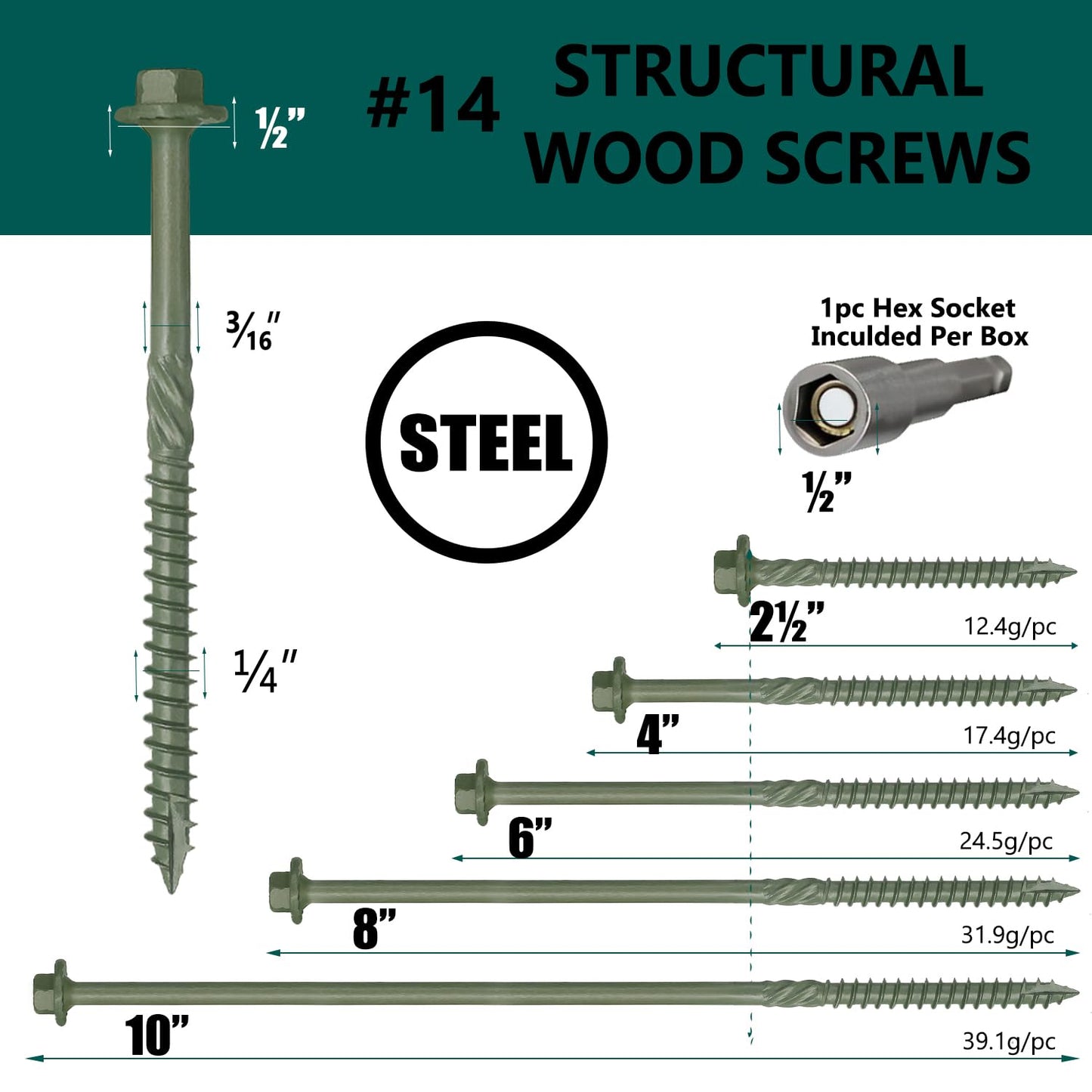 80PCS Timber Screws #14 X 10 Inch Heavy-Duty Green Coated, Exterior Lag Structural Wood Screws for Landscaping, Construction, Beams & Pole Barns, 1500-Hour Salt Spray Tested, Includes Hex Socket