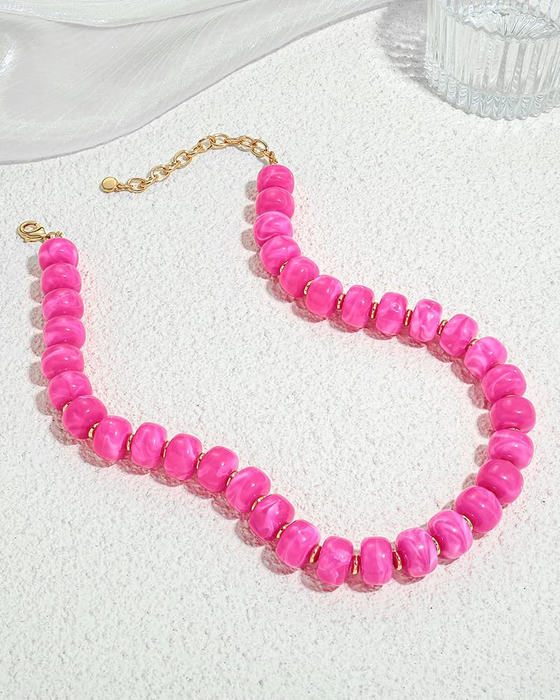 FAUTHENTICUTE Hot Pink Beaded Choker Necklace for Women Statement Boho Bead Necklaces Trendy Western Beach Summer Necklace Vibrant Pink Beaded Choker Necklaces for Women Bold Statement Jewelry